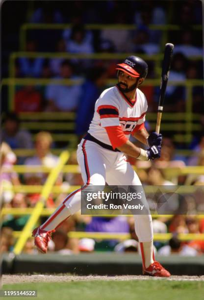 Harold Baines of the Chicago White Sox bats during an MLB game at Comiskey Park in Chicago, Illinois.