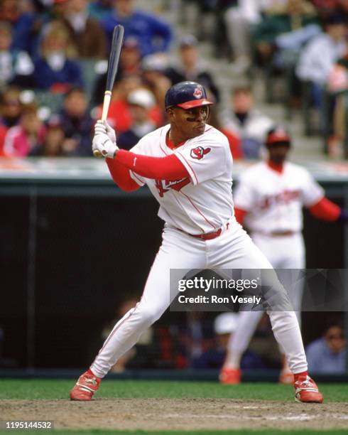 Albert Belle of the Cleveland Indians bats during an MLB game at Jacobs Field in Cleveland, Ohio during the 1995 season.