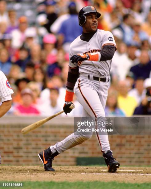 Barry Bonds of the San Francisco Giants bats during an MLB game versus the Chicago Cubs at Wrigley Field in Chicago, Illinois during the 1994 season.
