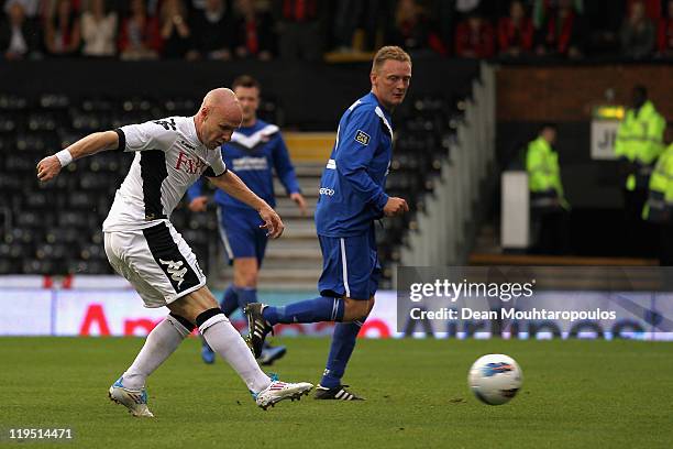 Andrew Johnson of Fulham scores the opening goal during the UEFA Europa League 2nd Qualifying Round 2nd Leg match between Fulham and Crusaders at...