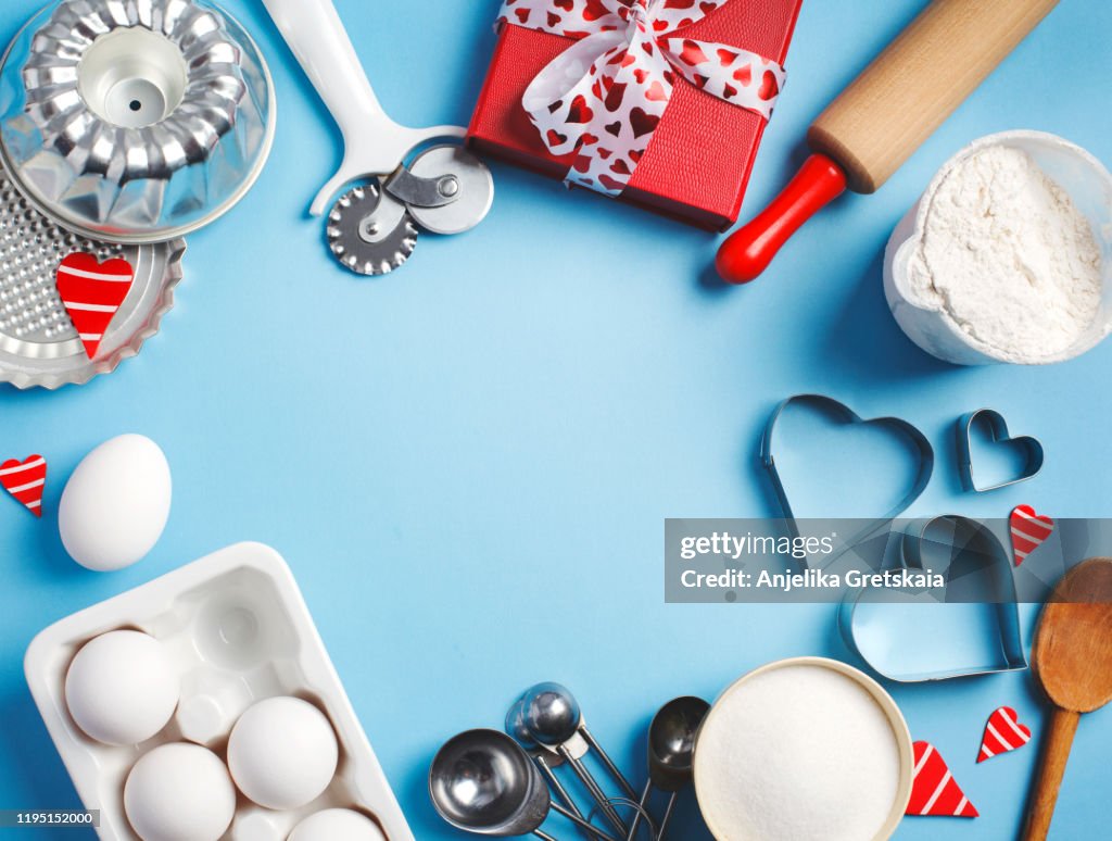 Baking Background Frame Preparation For Valentines Day Baking Ingredients  And Kitchen Items For Baking Kitchen Utensils Flour Eggs Sugar High-Res  Stock Photo - Getty Images