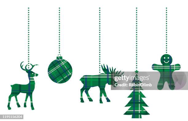 dangling green plaid christmas ornaments - gingerbread man white background stock illustrations