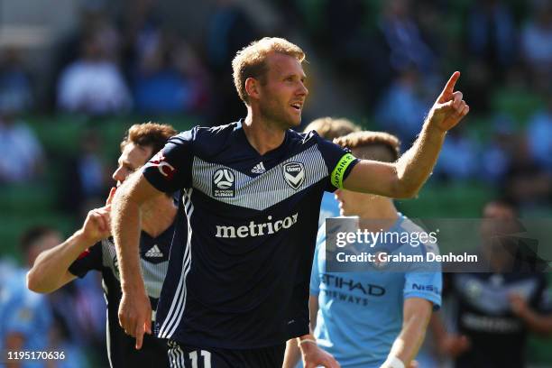 Ola Toivonen of the Victory celebrates his second goal during the round 11 A-League match between Melbourne City and Melbourne Victory at AAMI Park...