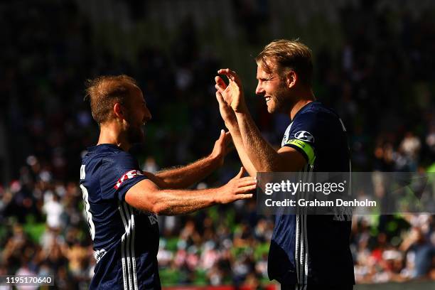 Ola Toivonen of the Victory celebrates his second goal during the round 11 A-League match between Melbourne City and Melbourne Victory at AAMI Park...