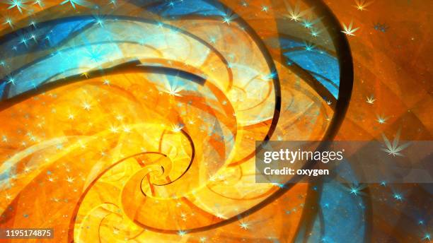 swirly abstract waves yellow blue star bokeh fractal twisted background art - golden ratio stock pictures, royalty-free photos & images