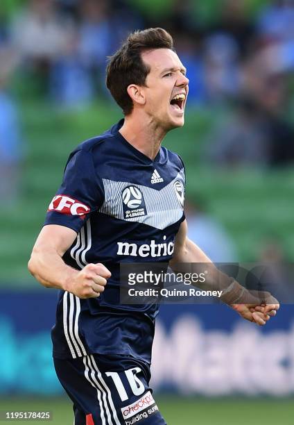 Robbie Kruse of the Victory celebrates winning the round 11 A-League match between Melbourne City and Melbourne Victory at AAMI Park on December 21,...