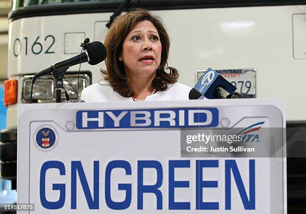 Secretary of Labor Hilda Solis speaks during a news conference following a tour of the Santa Clara Valley Transportation Authority hybrid technology...