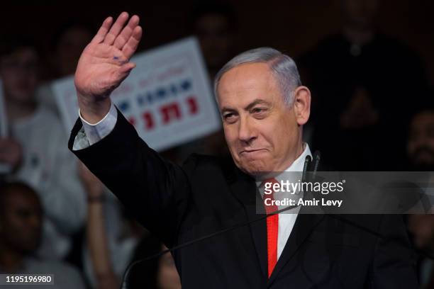 Israeli Prime Minister, Benjamin Netanyahu greets supporters as he enters a campaign rally on January 21, 2020 in Jerusalem, Israel. Israel to hold...