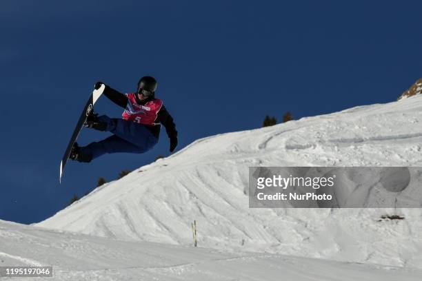Eliot from Switzerland competes in Snowboard Men's Halfpipe Finals on 12. Day of Winter Youth Olympic Games Lausanne 2020 in Leysin Park &amp; Pipe,...