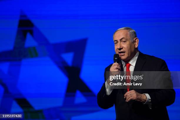 Israeli Prime Minister, Benjamin Netanyahu speaks at a Likud Party campaign rally on January 21, 2020 in Jerusalem, Israel. Israel to hold third...