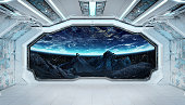 Spaceship black corridor with view on space and planet Earth 3D rendering elements of this image furnished by NASA