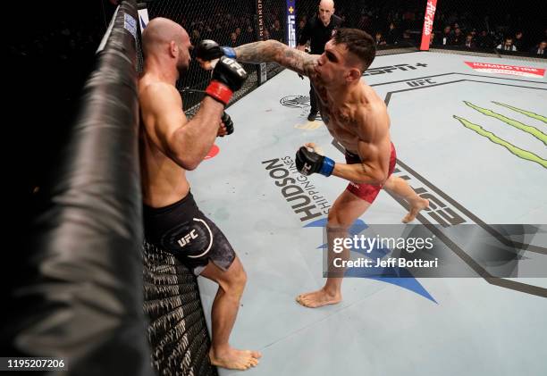 Aleksandar Rakic of Austria punches Volkan Oezdemir of Switzerland in their light heavyweight fight during the UFC Fight Night event at Sajik Arena 3...