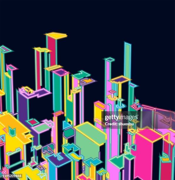 3d neon modern city building in night background - 1980 2019 stock illustrations