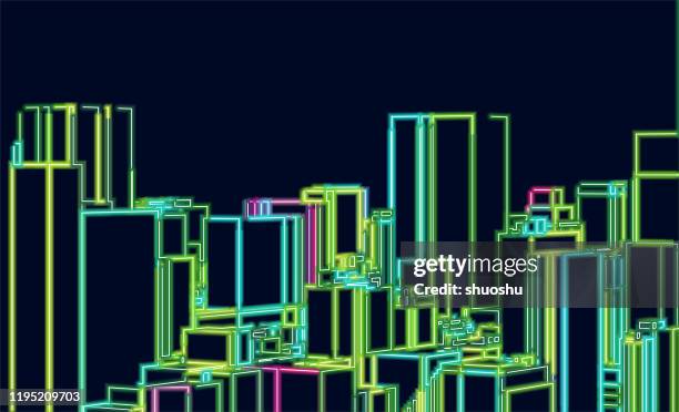 green neon pattern,modern city building in night - liquid galaxy stock illustrations