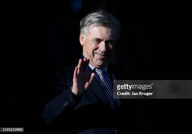 Carlo Ancelotti, Manager of Everton is seen in the stands prior to the Premier League match between Everton FC and Arsenal FC at Goodison Park on...