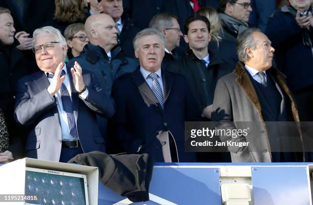Chaiman of Everton Bill Kenwright, Manager of Everton Carlo Ancelotti and Everton owner Farhad Moshiri look on during the Premier League match...