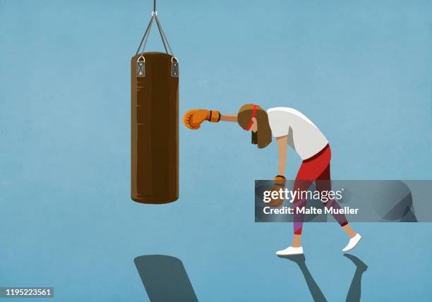 illustrazioni stock, clip art, cartoni animati e icone di tendenza di tired woman boxing at punching bag - boxing glove