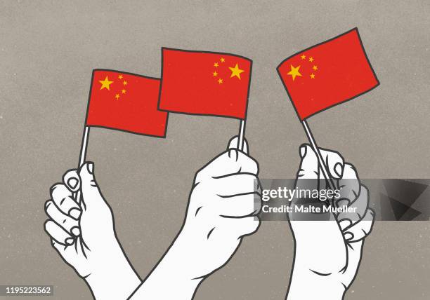 illustrations, cliparts, dessins animés et icônes de hands waving small chinese flags - drapeau chinois