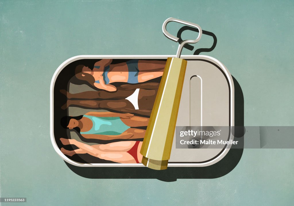 Women sunbathing inside sardine can