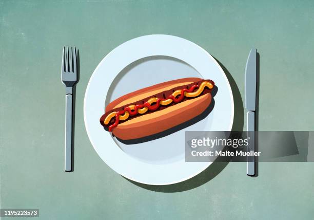 hot dog with ketchup and mustard on plate - hot dog stock illustrations