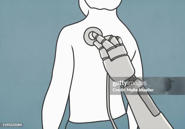 robot with stethoscope examining back of man - robotic arm stock illustrations