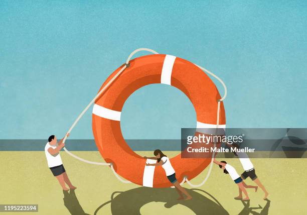 illustrations, cliparts, dessins animés et icônes de family pulling and pushing large life ring on beach - petites filles