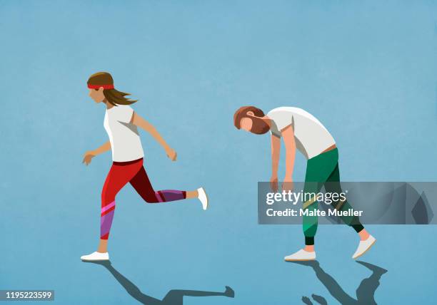 ilustraciones, imágenes clip art, dibujos animados e iconos de stock de tired husband following running wife - tired