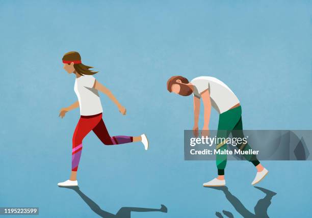 ilustrações, clipart, desenhos animados e ícones de tired husband following running wife - bending