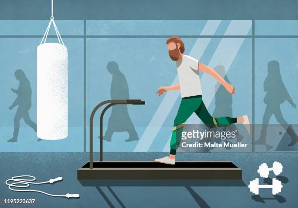 business people walking behind man running on treadmill - treadmill stock illustrations