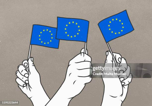 hands waving small european union flags - european union flag stock illustrations