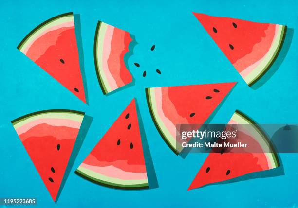 stockillustraties, clipart, cartoons en iconen met vibrant watermelon slices on blue background - hap eruit