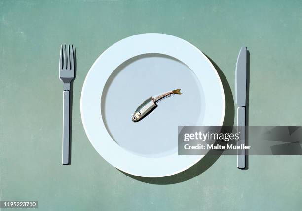 stockillustraties, clipart, cartoons en iconen met half-eaten sardine on plate - hap eruit