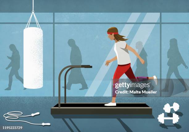 illustrazioni stock, clip art, cartoni animati e icone di tendenza di business people walking behind woman running on treadmill - bored