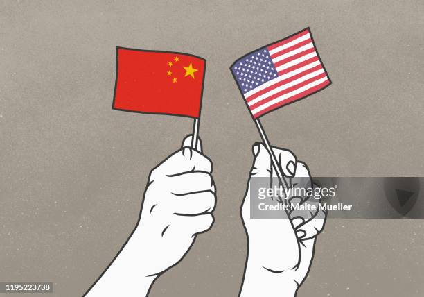 illustrations, cliparts, dessins animés et icônes de hands waving small american and chinese flags - wave stock illustrations