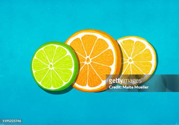 fresh, vibrant lime, orange and lemon slices on blue background - bright food stock illustrations