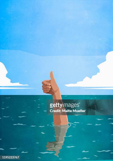 sinking hand gesturing thumbs-up in sea - sinking stock-grafiken, -clipart, -cartoons und -symbole