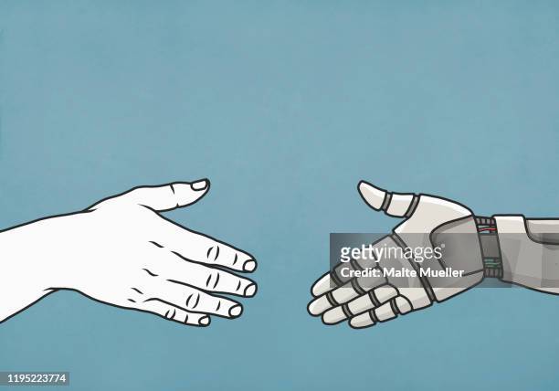 illustrazioni stock, clip art, cartoni animati e icone di tendenza di human and robot shaking hands - autonomous technology