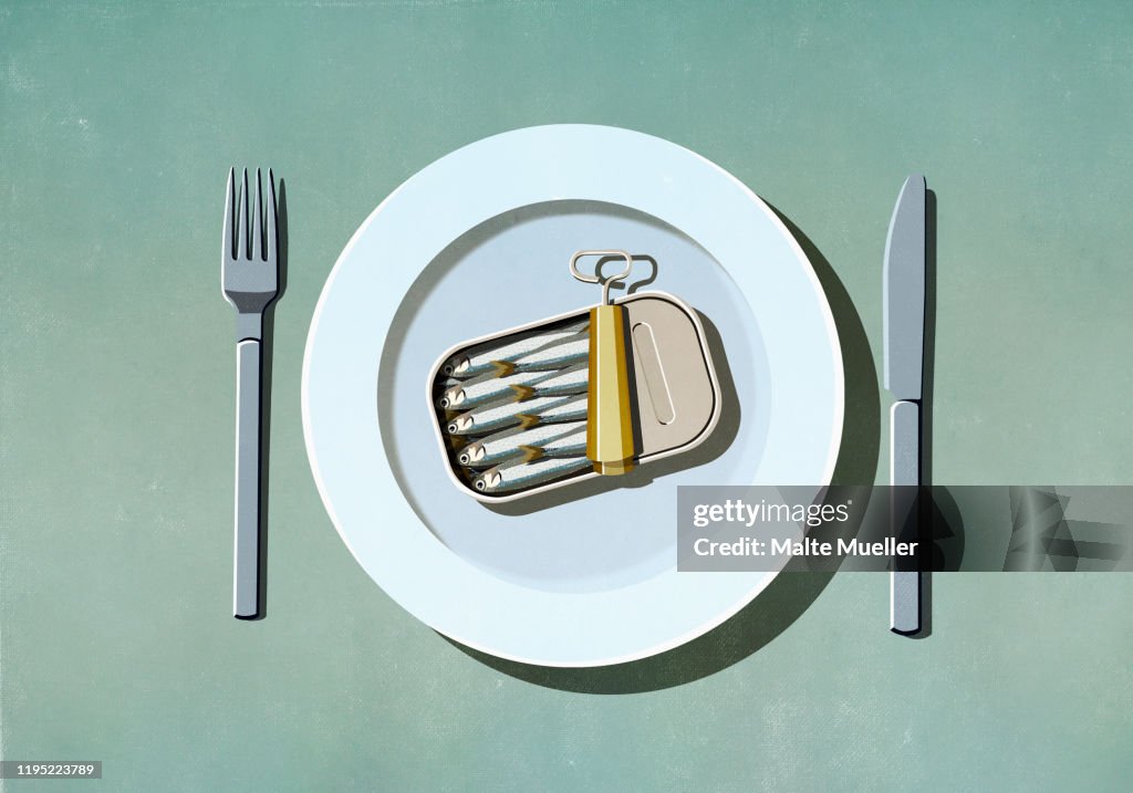 Can of sardines on plate