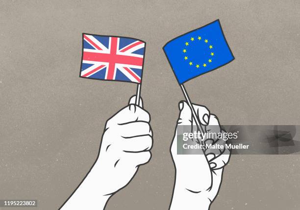 hands waving small british and european union flags - brexit flags stock-grafiken, -clipart, -cartoons und -symbole