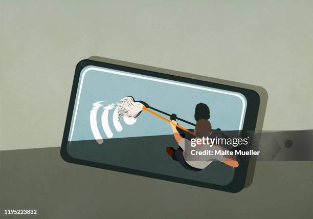 ilustraciones, imágenes clip art, dibujos animados e iconos de stock de man mopping wifi symbol on smart phone screen - fregona