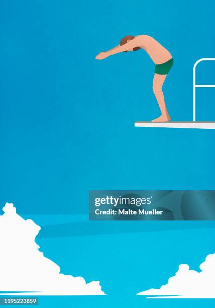 man preparing to dive off platform - diving into water stock illustrations