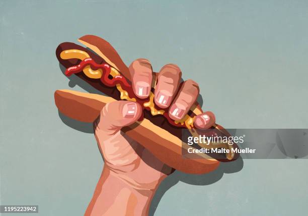 ilustraciones, imágenes clip art, dibujos animados e iconos de stock de mans hand squeezing hot dog - unhealthy eating