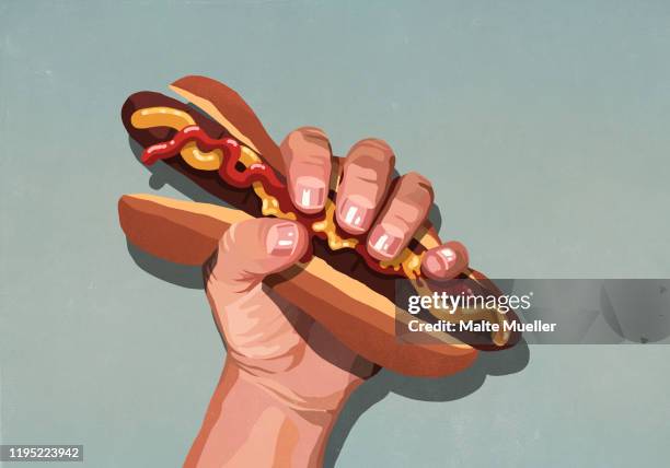 illustrations, cliparts, dessins animés et icônes de mans hand squeezing hot dog - temptation