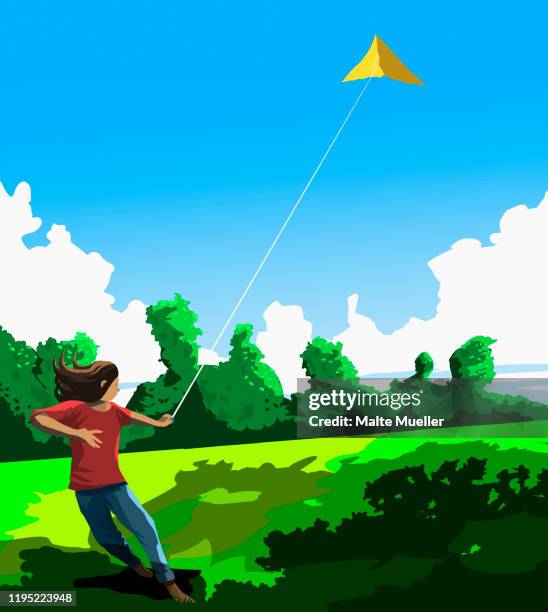 girl flying kite in sunny park - eskapismus stock-grafiken, -clipart, -cartoons und -symbole