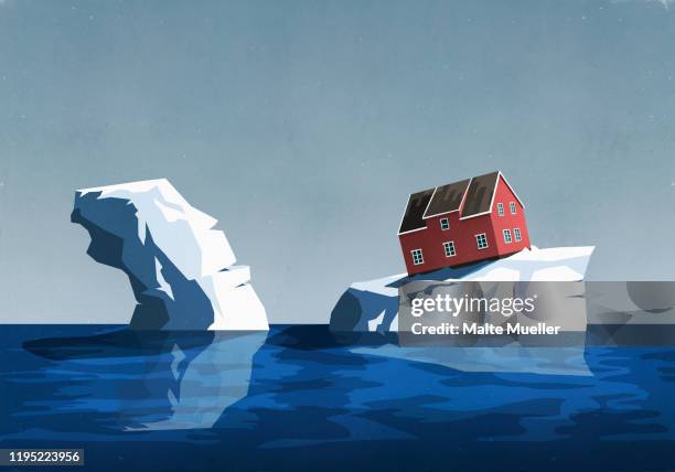 ilustraciones, imágenes clip art, dibujos animados e iconos de stock de house perched precariously on iceberg - calentamiento global