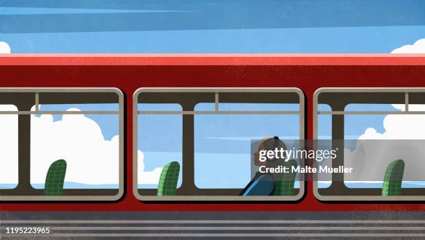 ilustraciones, imágenes clip art, dibujos animados e iconos de stock de female commuter relaxing, listening to music with headphones on bus - commuter