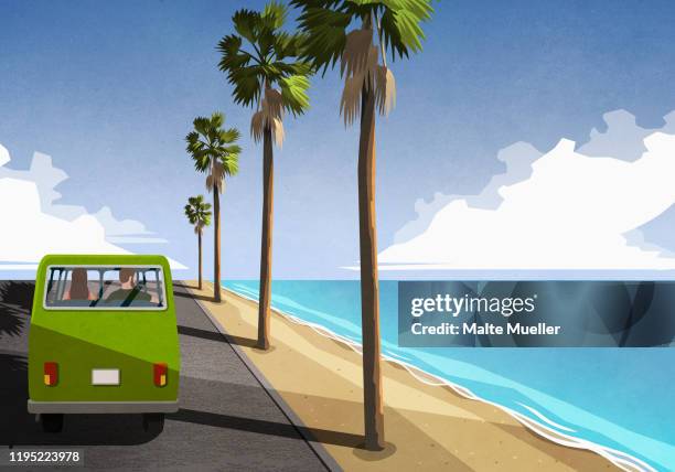 stockillustraties, clipart, cartoons en iconen met couple driving along idyllic tropical beach in retro van - palm sunday