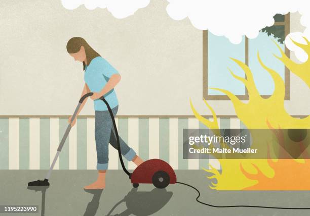 stockillustraties, clipart, cartoons en iconen met flames and smoke behind oblivious woman vacuuming carpet - stofzuiger