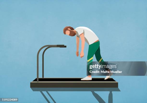 tired man tired man walking on treadmill - treadmill stock-grafiken, -clipart, -cartoons und -symbole