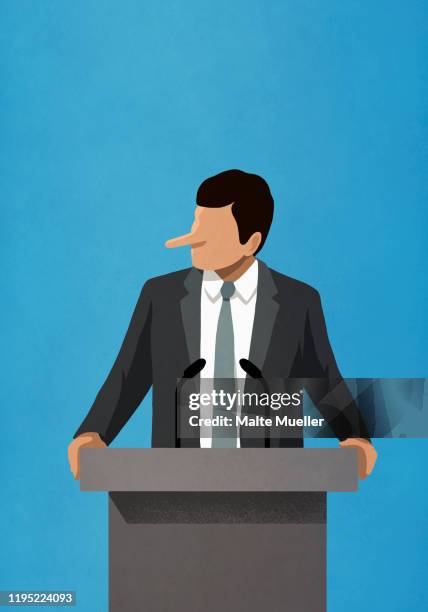 stockillustraties, clipart, cartoons en iconen met lying politician with long nose speaking at podium - build presents the cast of liar